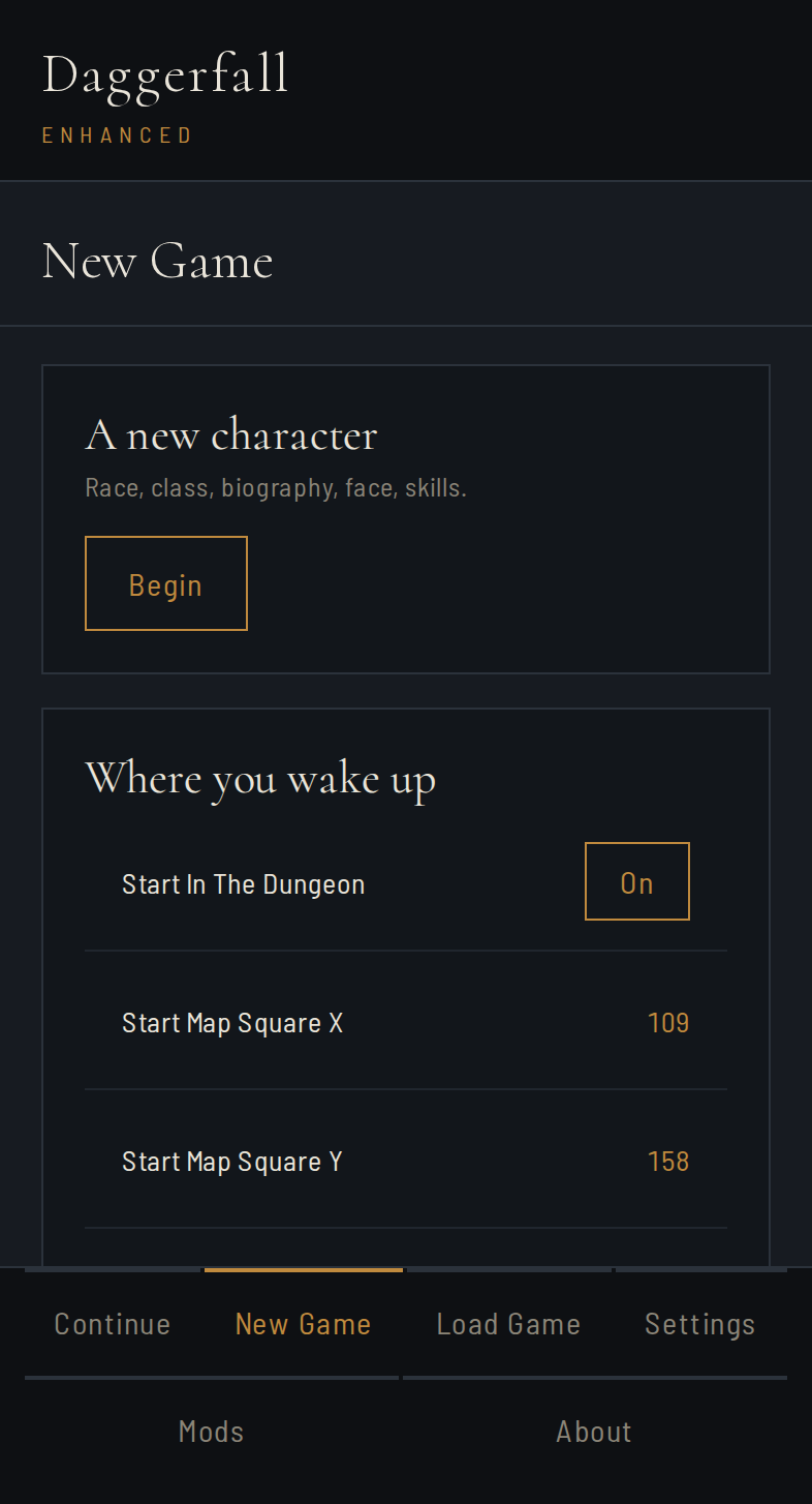 The enhanced menu on a phone: the New Game pane, with the rail of destinations along the bottom of the screen.
