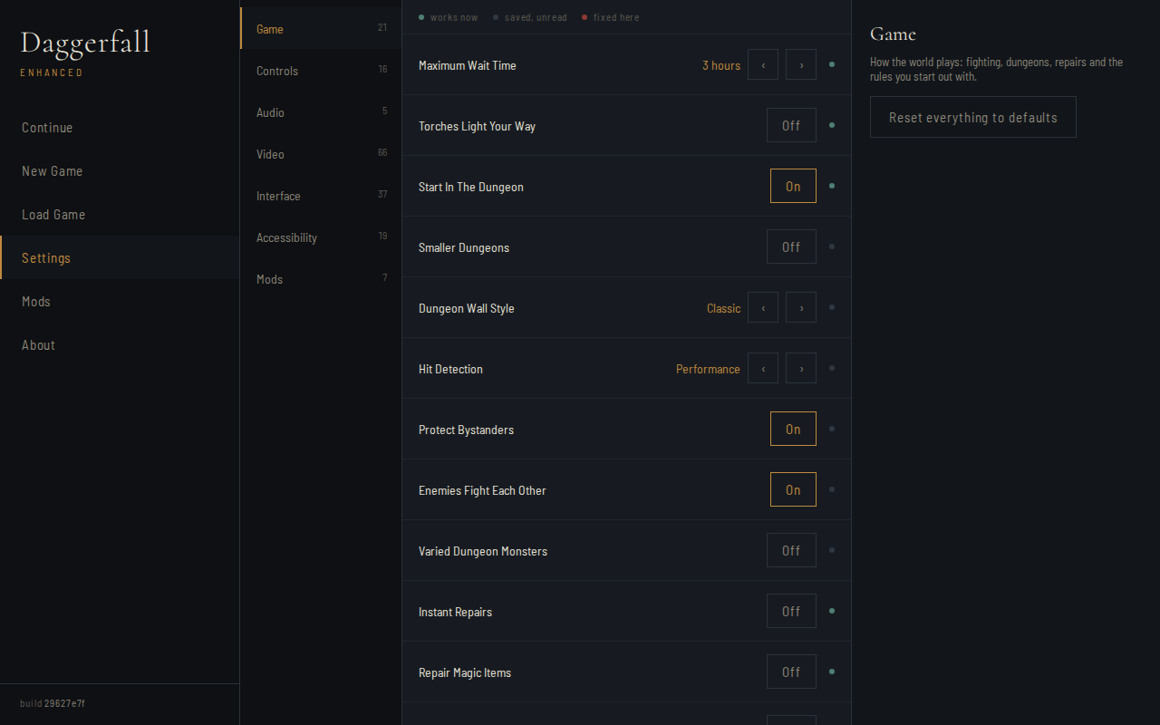 The enhanced menu on a desktop: a rail of six destinations on the left, the Settings pane open on the Game category, a column of settings with their values.